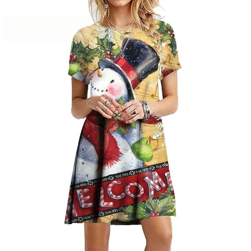 Funny Women Party Christmas Snowman Dress 2024 New Fashion Cute Christmas Style Loose Dress Sweet Casual Short Sleeve Mini Dress
