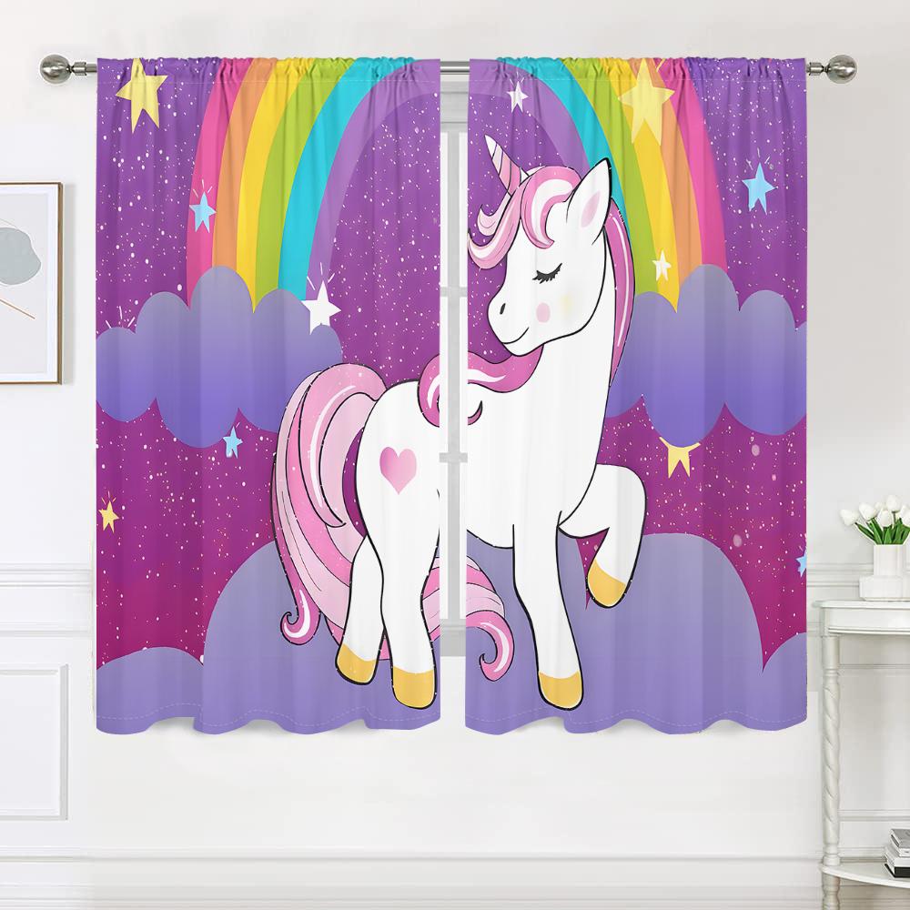 2 Stück, niedliche Regenbogen-Einhorn-Vorhänge für Mädchen - halbverdunkelnd - geeignet für Wohnzimmer, Schlafzimmer, Küche, Heimdekoration