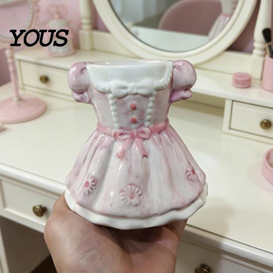 Desk Organizer Bow Dress Pencil Cup, Ceramic Organizer, Cute Makeup Stationery Brush Holder for Girls Room, Office Gift Women