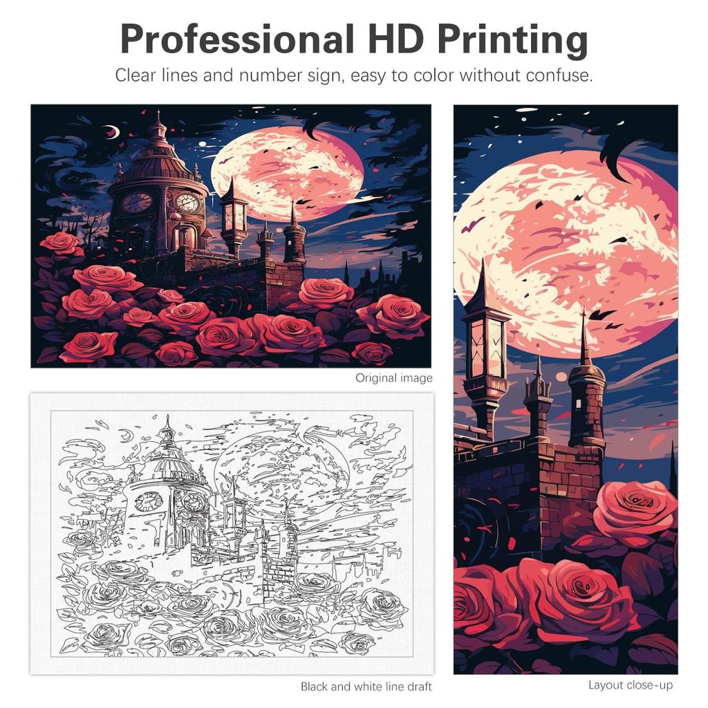 RUOPOTY Kit de pictură cu numere Diy Cadru Poză de noapte luminată de lună Colorat după numere pentru adulți Artizanat Decor acasă