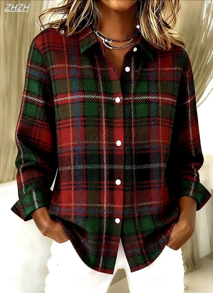 2025 christmas Women's Plaid Snowflake Blouse, Tropical Vintage Style, Patchwork Button Design, All Seasons Casual Shirt winter