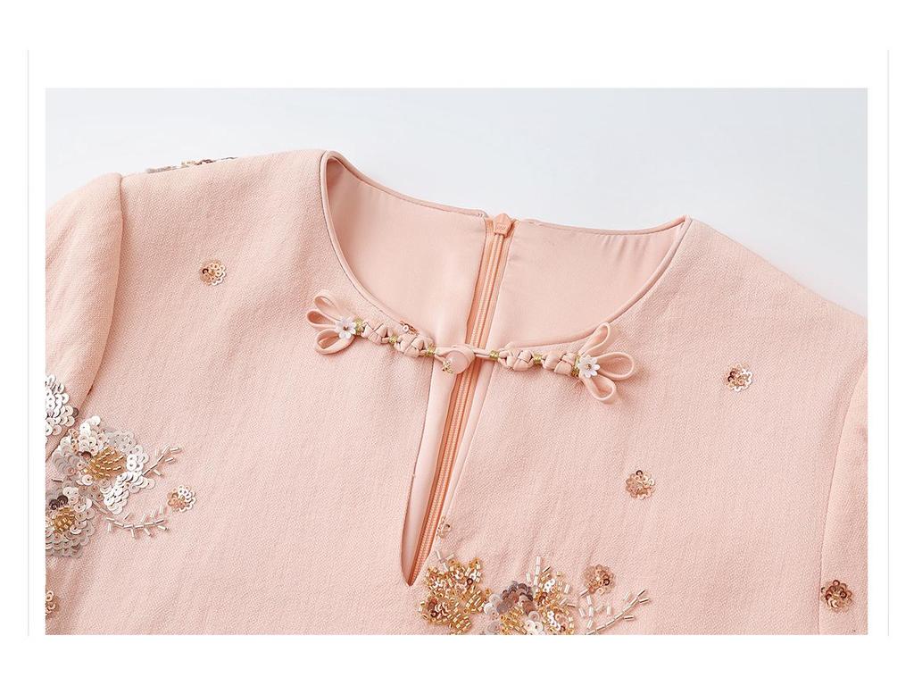 Chinese National Style Embroidered Summer Dress with Beading In Floral A-line Design