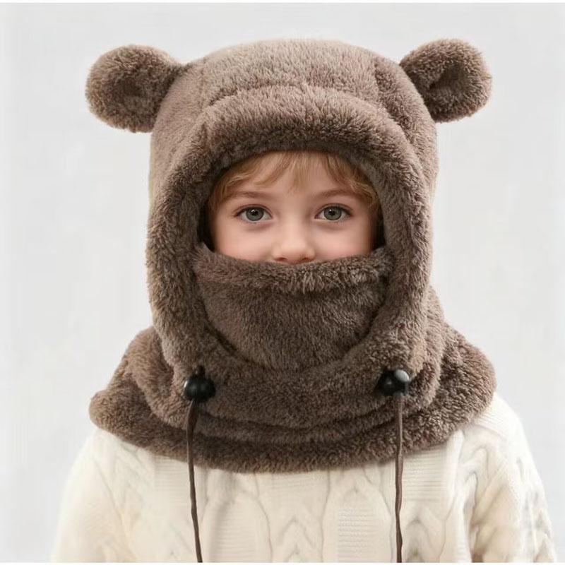 New Children's All-in-one Protective Helmet Balaclava Thicken Warm Drawstring Adjustable Outdoor Skiing Cute Bear Ear Plush Hat