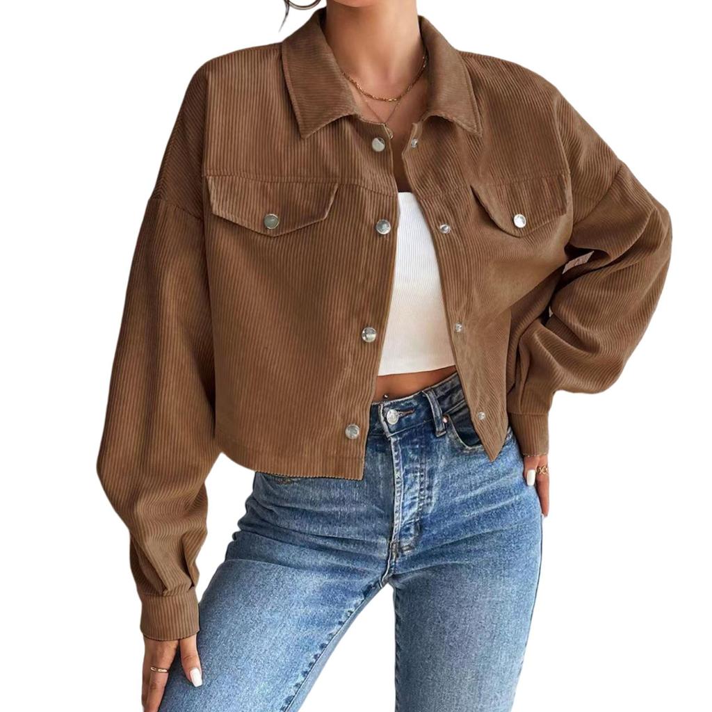 2025 Women's Autumn/Winter Slimming Corduroy Zip-up Short Polo Collar Jacket