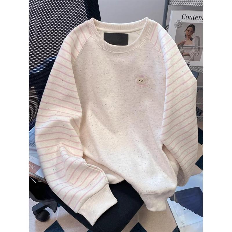 

Sweet Colorful Dot Embroidery Striped Patchwork Sweatshirt for Women Spring and Autumn Fashion Long-sleeved Top L розовый