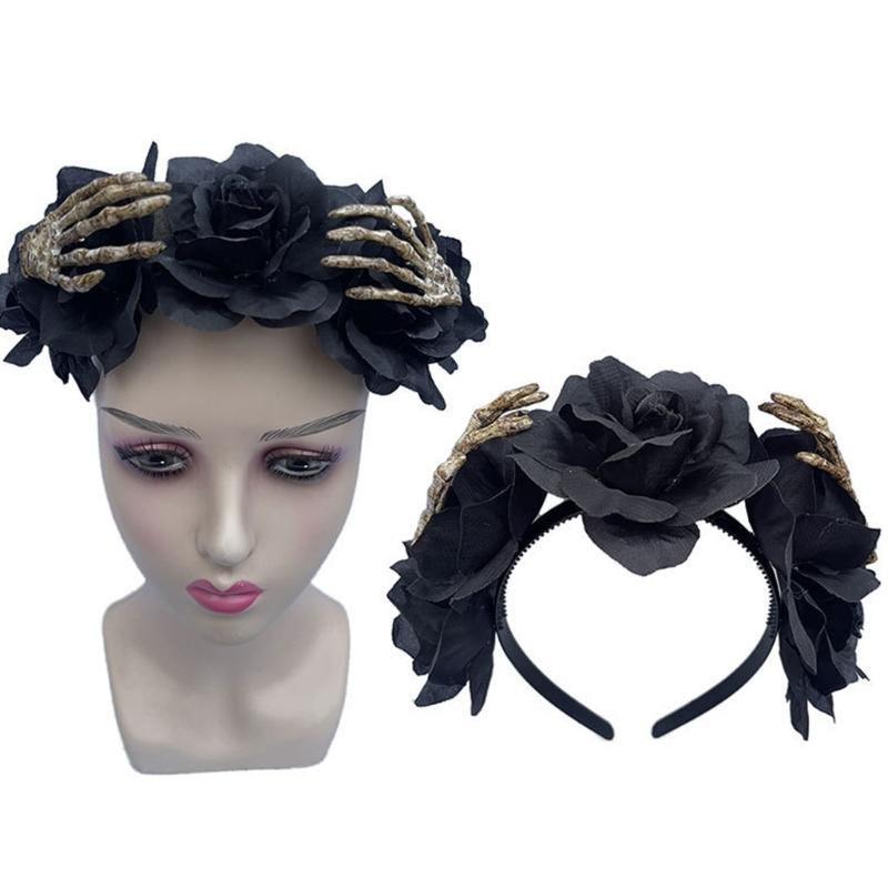 Halloween Flower Headband with Skeleton Hand Detail, Spooky Costume Hair Piece for Cosplay, Parties and Stage Looks