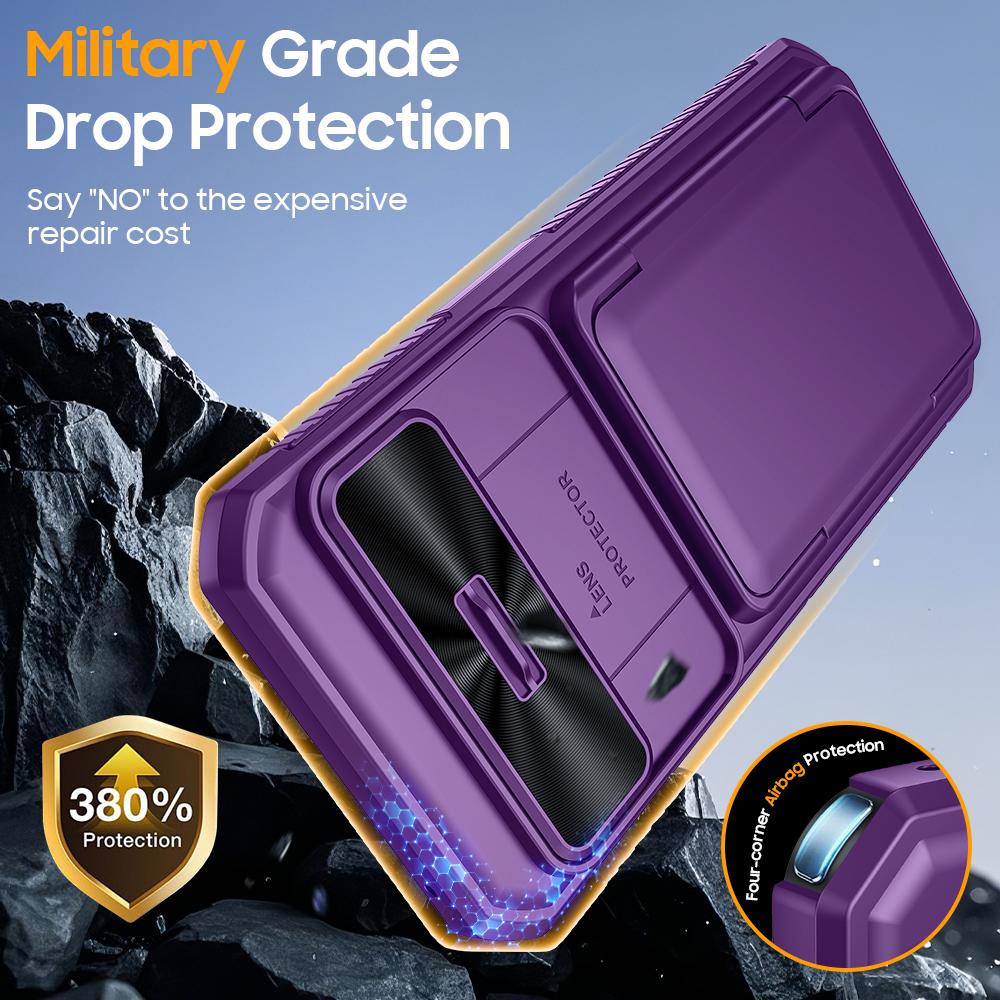 With Card Holder Sliding Camera Cover And Stand For Google Pixel 10 Pro XL Phone Case, Anti-Fall PC+TPU Wallet Case-Purple