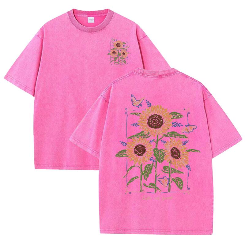 Lift Is Good Beautiful Sunflower Butterfly Print Washed T Sh S розы красного
