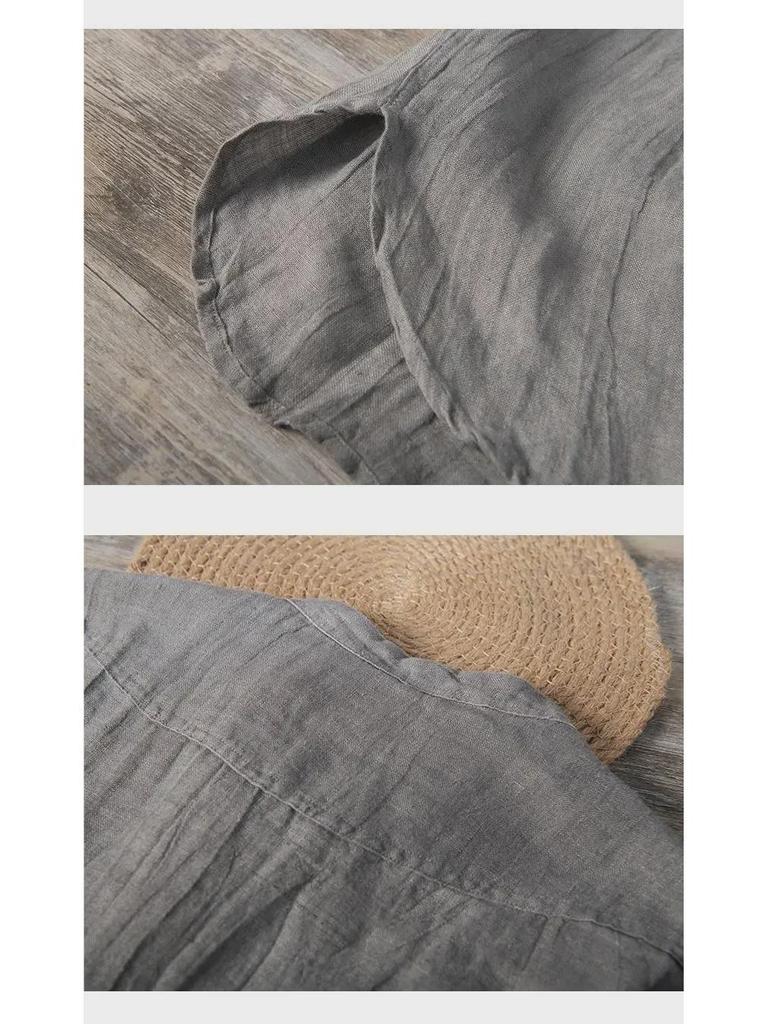 Men's Retro Summer Linen V-Neck T-Shirt - Short-Sleeve, Stand-Up Collar, Breathable & Lightweight