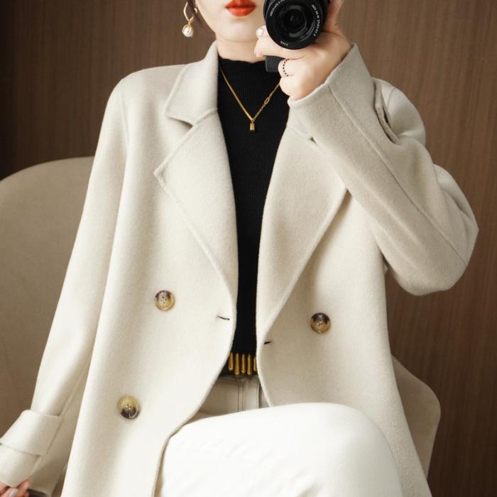 Dámský krátký vlněný kabát - Volný kabát s klopami ve stylu saka pro podzim/zimu