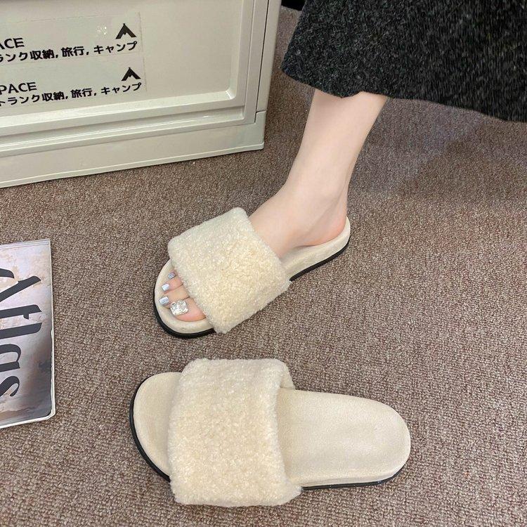 Minimalist style one-word slippers for women to wear in the autumn of 2025, new open-toed fashion and versatile casual hairy drag women