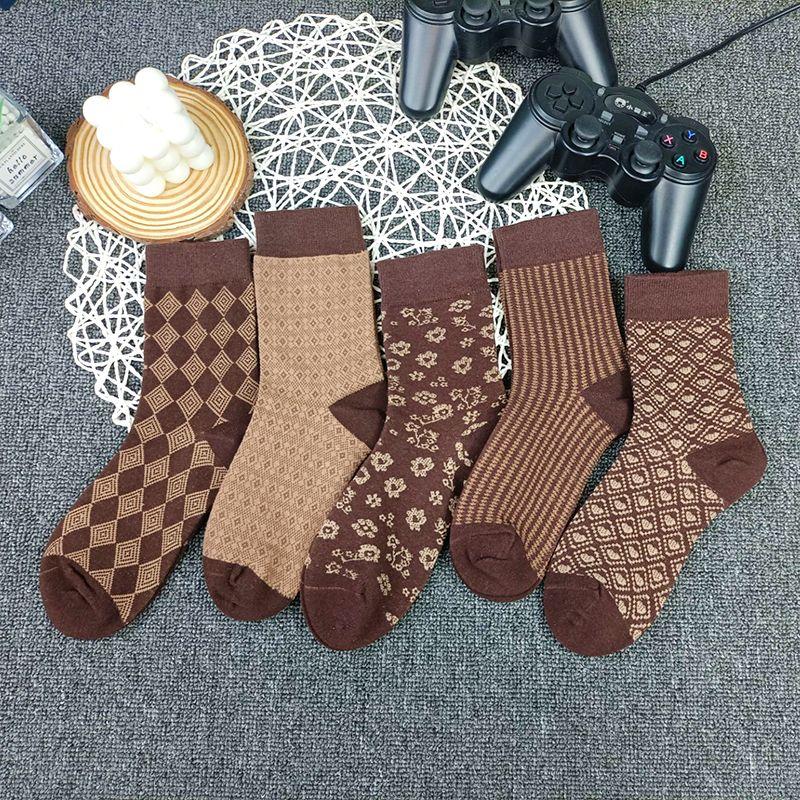 

5 пар женских носков средней длины, осенние и зимние, с двойной иглой, модные, универсальные, из чистого хлопка, ретро, милые, зеленые, складывающиеся носки 5 Pairs