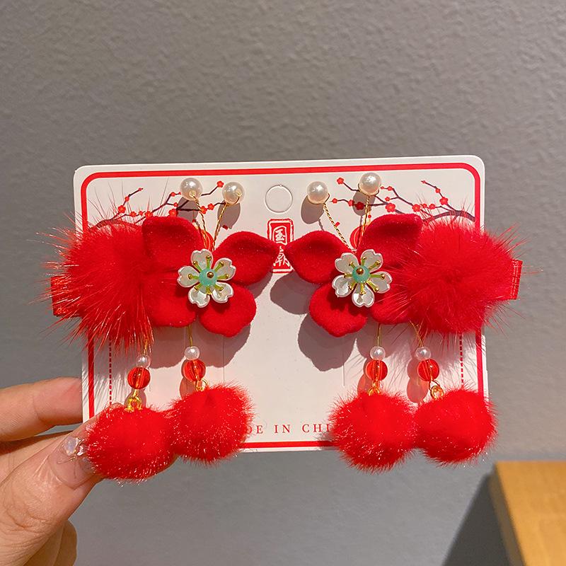 2024 Autumn/Winter Children's Red Hair Clips – Chinese Hanfu Style for New Year