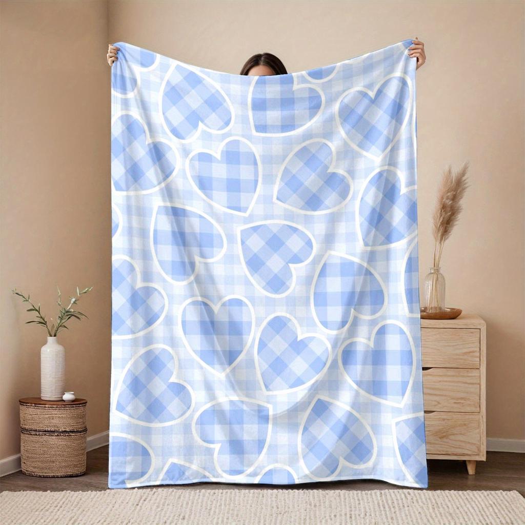1 Stück Blaue Karo-Herz-Muster Flanelldecke - Weiche Ganzjahres-Kuscheldecke mit Hellblau-Weiß kariertem Design, Modern