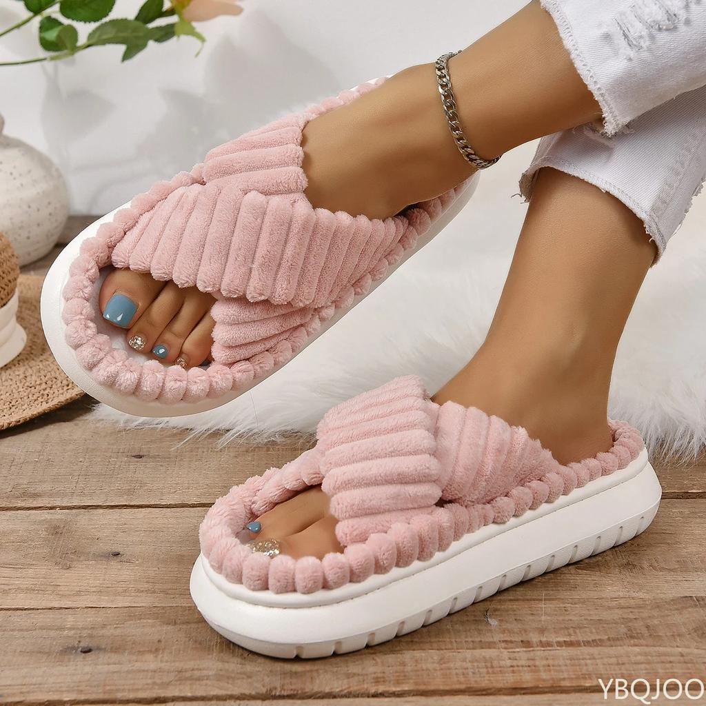 Autumn Winter Corduroy Home Slippers Women Cross Band Thick Soft Sole Slides Platform Shoes female Non Slip Indoor Slippers