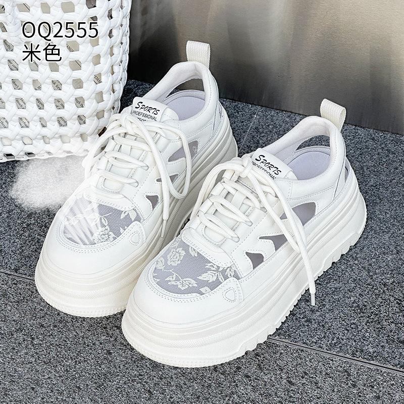 Leather lace gauze summer new thick-soled hollow sports and leisure board shoes