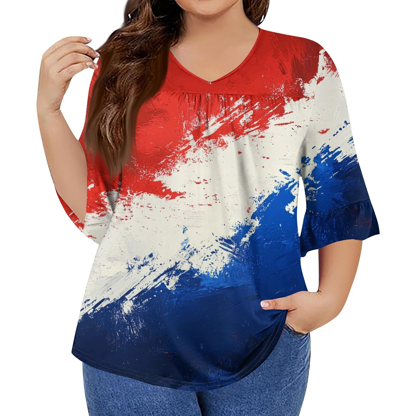 

Женская мода повседневная футболка с V-образным вырезом, рукавами-семью, оборками, принтом «День независимости», топы, женские топы больших размеров XXL