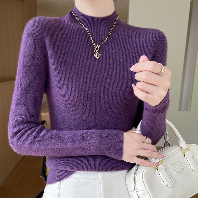 Women's Seamless Slimming Knit Top - Half-High Neck, Long Sleeve, Elegant Autumn/Winter Wool Innerwear