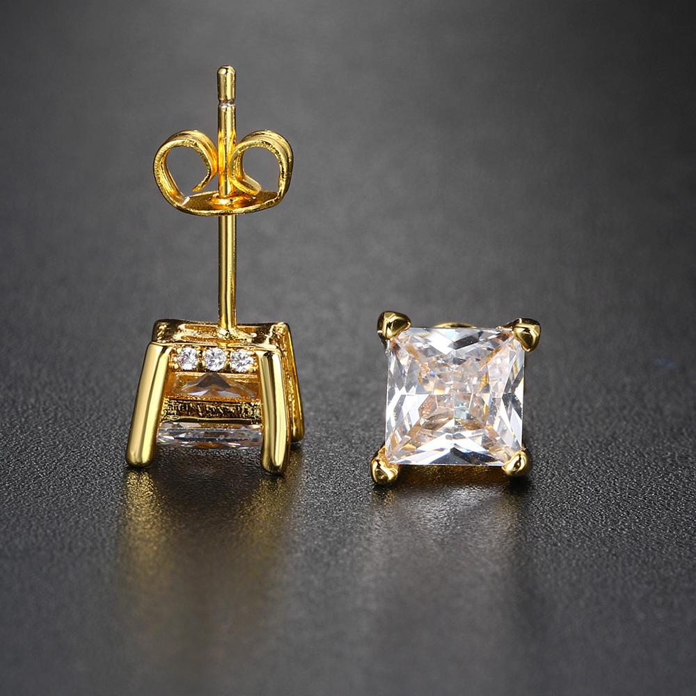 Square Crystal Studs Earrings Men Vintage Simple 4 Claws AAA+ Cubic Zirconia Hiphop Accessories Gold Ear Jewelry OHE147