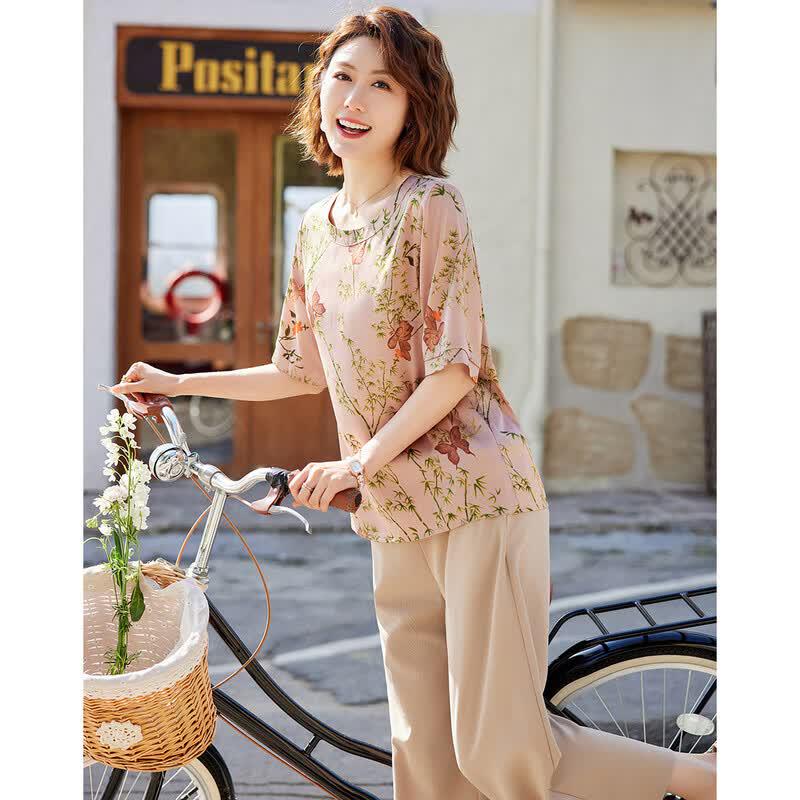 Pastel New Chinese Style Summer Two-Piece Outfit for Middle-Aged Women