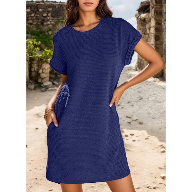 Women'S Fashionable Solid Color Short Sleeved Round Neck Casual Sports Short Dress With Pockets