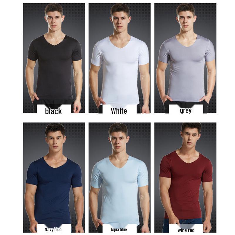 Bezešvé tričko s krátkým rukávem a výstřihem do V z ledového hedvábí, Slim Fit, Prodyšné, Jednobarevné