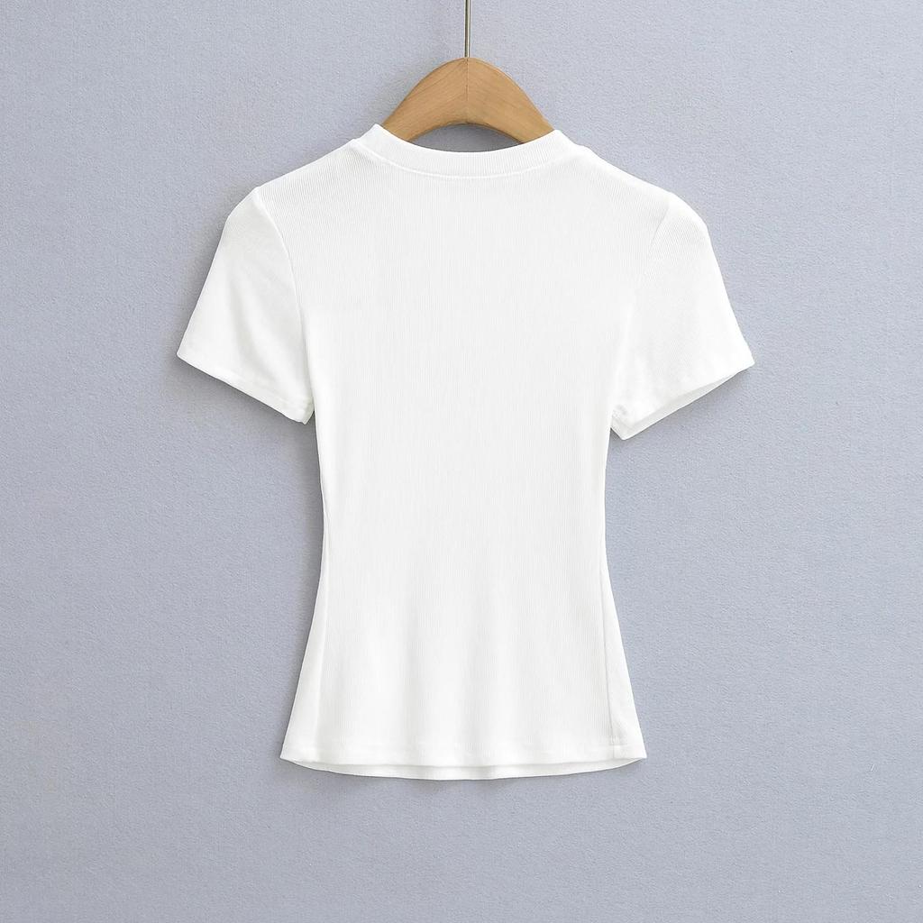 2025 Summer Kardashian Style Ribbed Short Sleeve Top - Solid Color & Sexy Round Neck