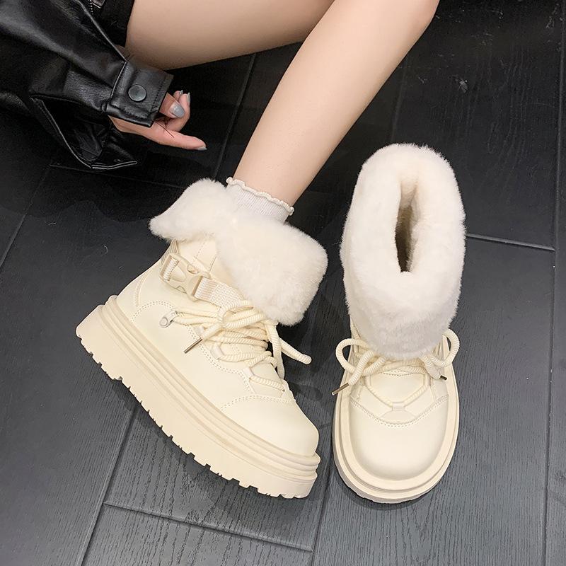 Women's Hairy Mouth Two Wear Fashion Lightweight Winter Warm Fur One Snow Boots Padded Lining Non-slip Casual Sports Martin Cotton Boots