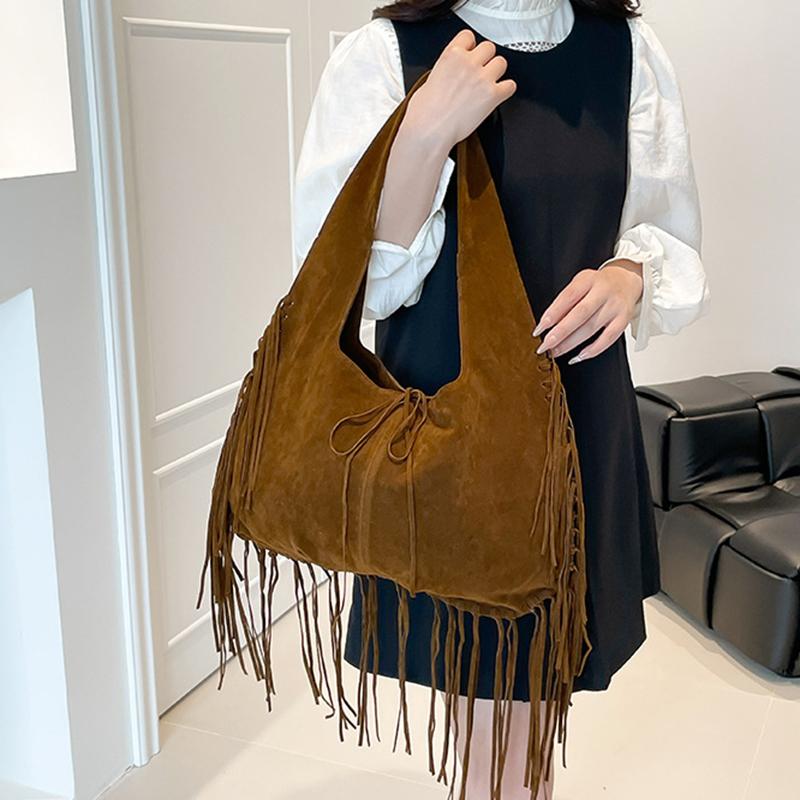 Boho Chic Kordový Střapec Dámská Taška přes Rameno Podzim Velkokapacitní Ručně Vyráběná Jednobarevná Hobo Tote Taška