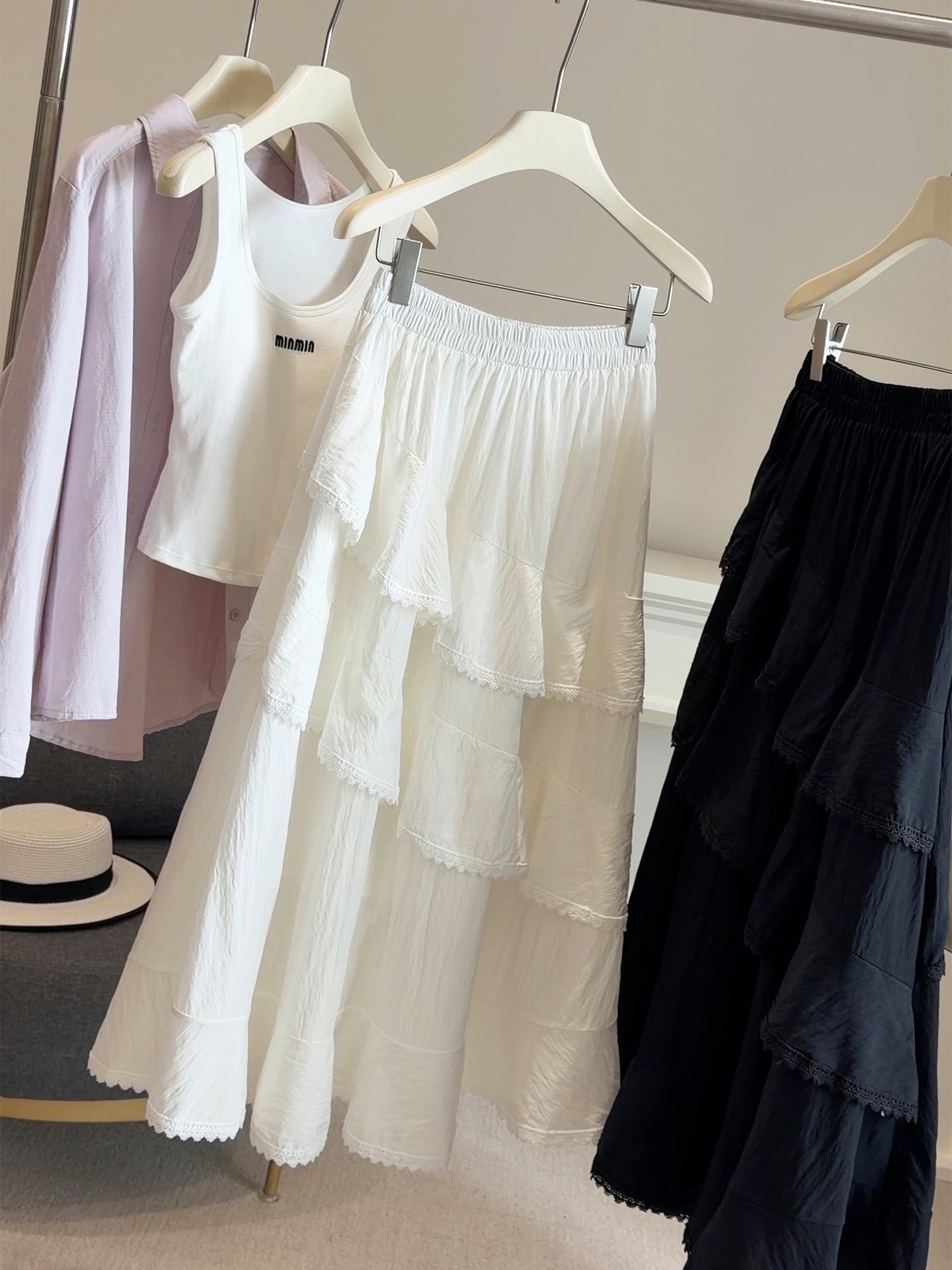 Spring Women s White Lace Ruffled A-line Skirt - High Waist, Versatile, Wide Hem One Size