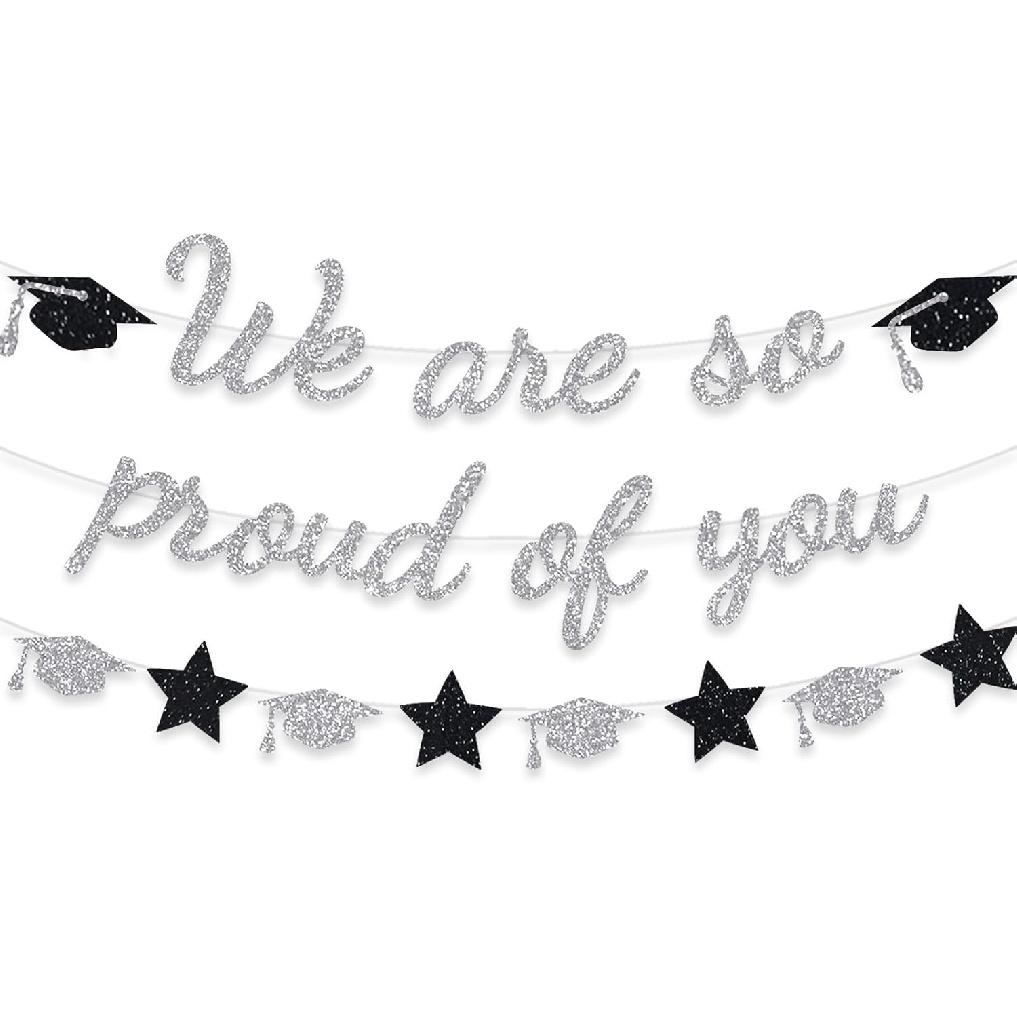 We Are So Proud Of You Banner Graduation Party Decorations Glitter Congratulations Class Grad Ideas Blue Grad Oragne