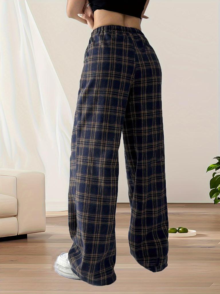 2024 Autumn/Winter Women's High-Waisted Plaid Wide-Leg Pants - Perfect for Back-to-School, Christmas, and Daily Wear