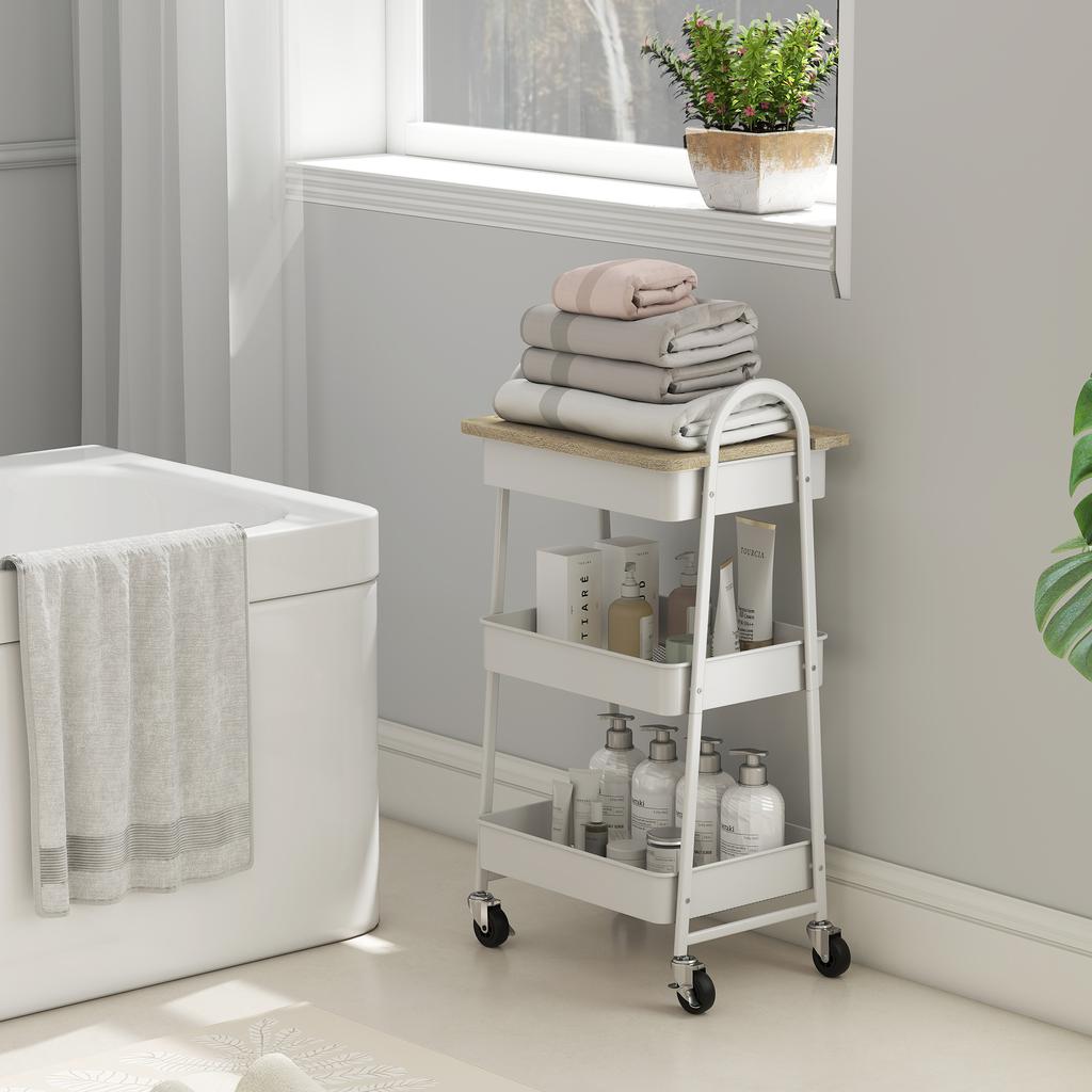 3-Tier Kitchen Storage Trolley with on Wheels Cover Top Board - White and Oak