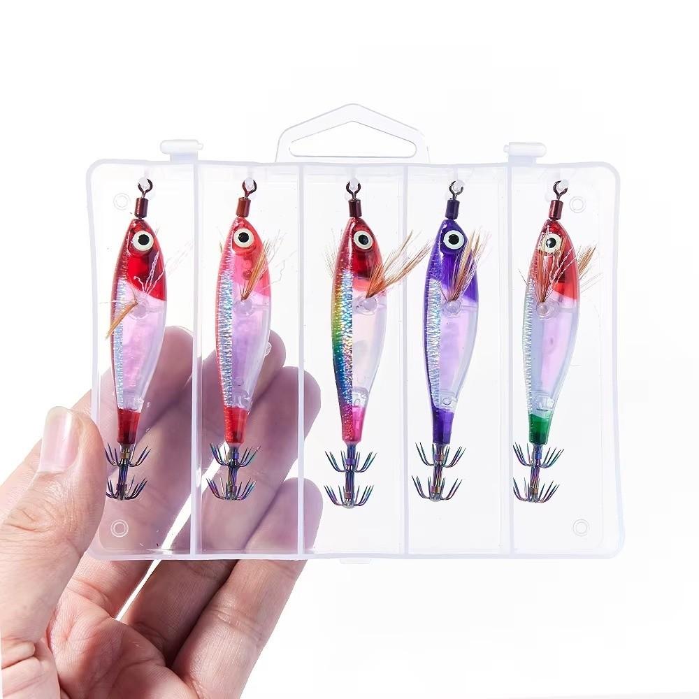 5pcs/Box Sinking Wood UV Luminous Squid Bait Saltwater Fishing Accessories Saltwater Fishing