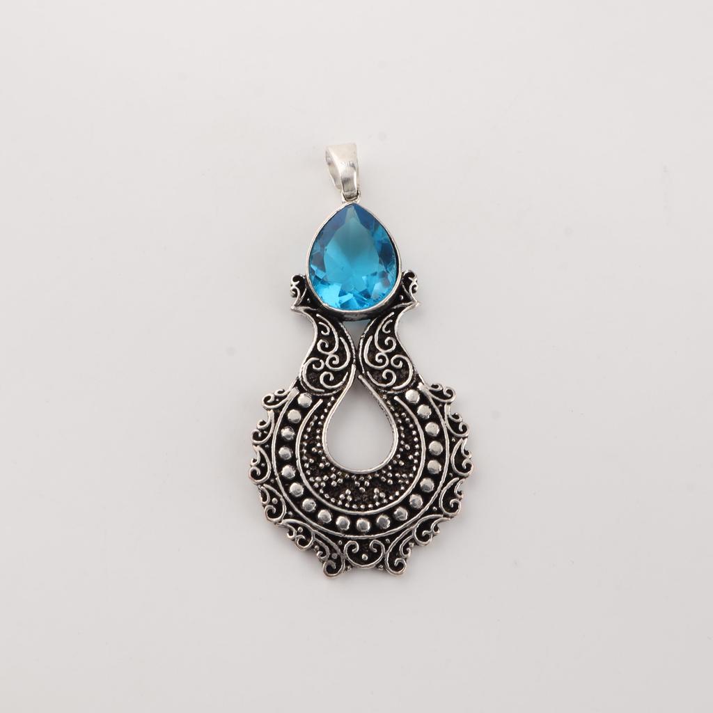 Swiss Blue Topaz Gemstone 925 Sterling Silver Jewelry Long Oxidize Pendant 1.8" For Thanksgiving Gift CP-45-8