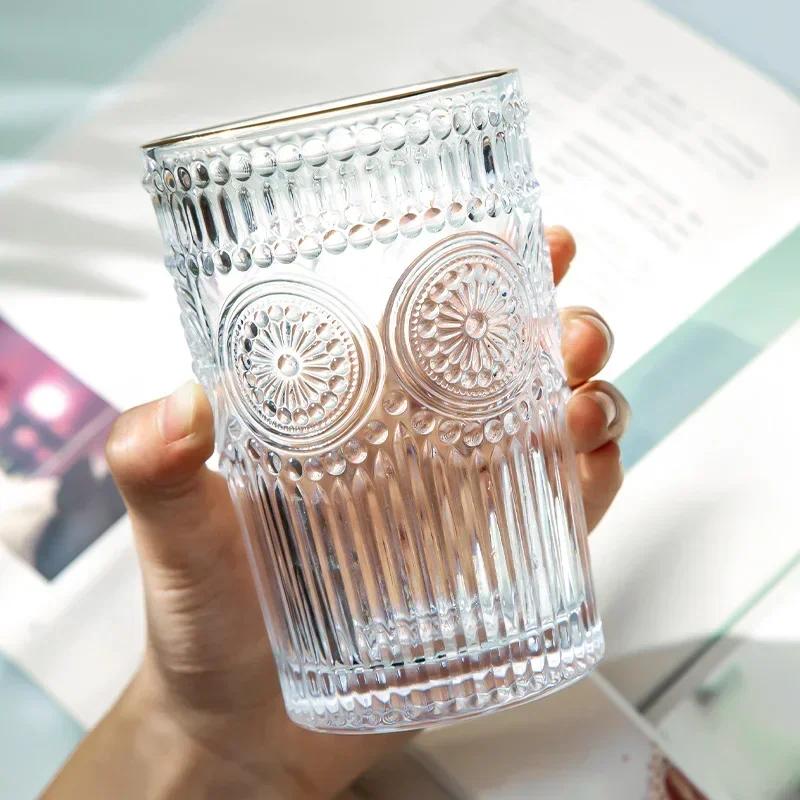 GIANXI Anaglyph Glass Cup Transparent High Temperature Resistance Thicken Glass Cups Retro Sun Flower Pattern Glasses Drinkware