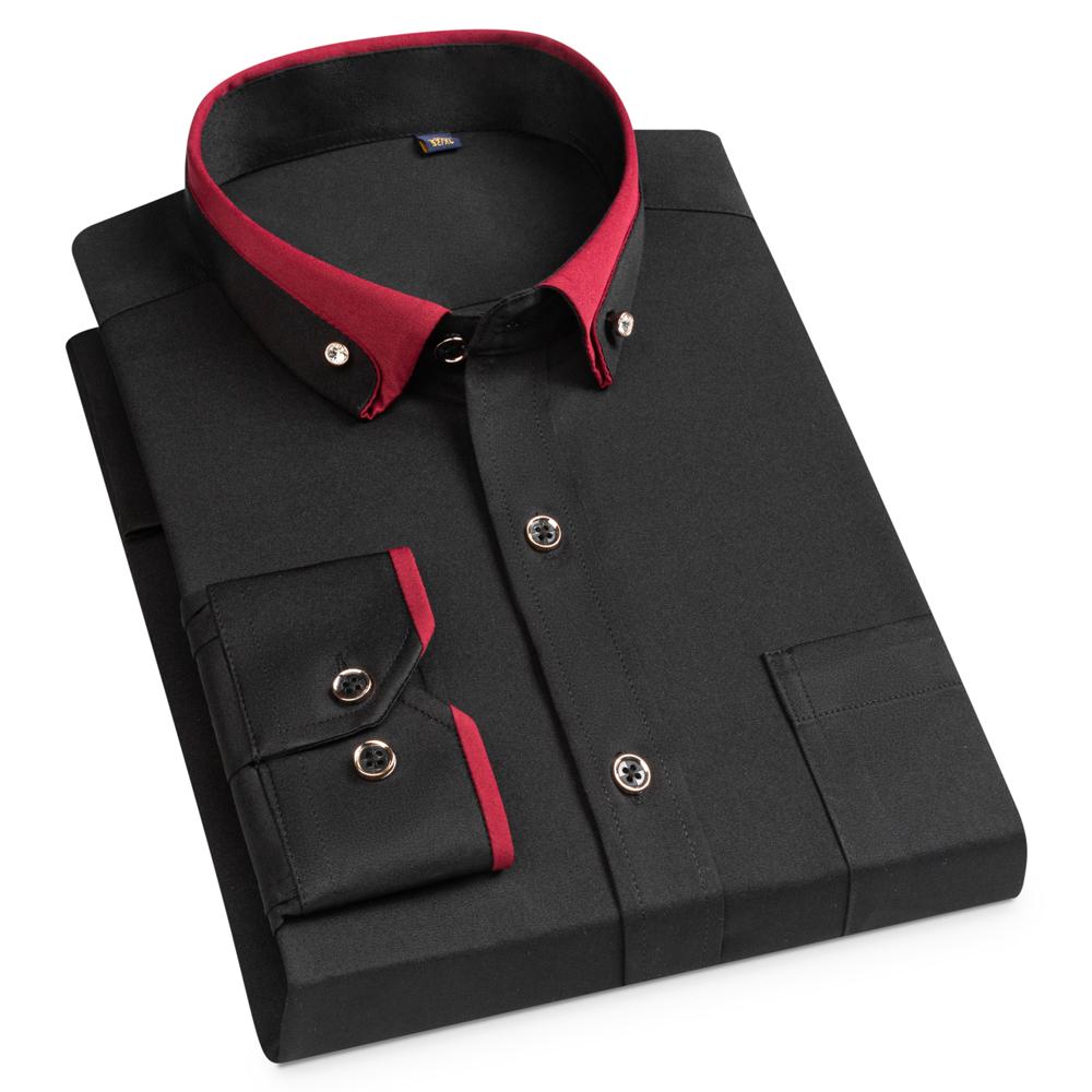 Men's Diamond Buttons & Contrast Collar Dress Shirt with Chest Pocket Long Sleeve Stretch Smooth Wrinkle-Free Easy Care Shirts