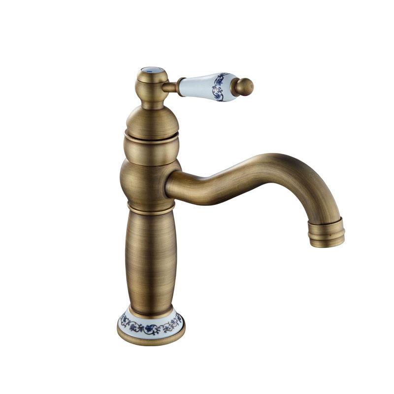 Vintage Black Single-Handle Basin Faucet with Brass & Blue-White Porcelain