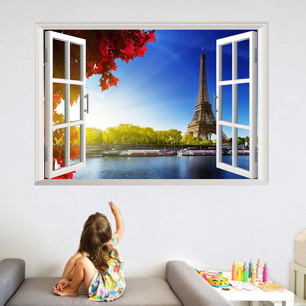 57*90cm 3D Natural Scenery Eiffel Tower False Window Wall Painting Living Room Bedroom Removable Wall Sticker Hoom Decor