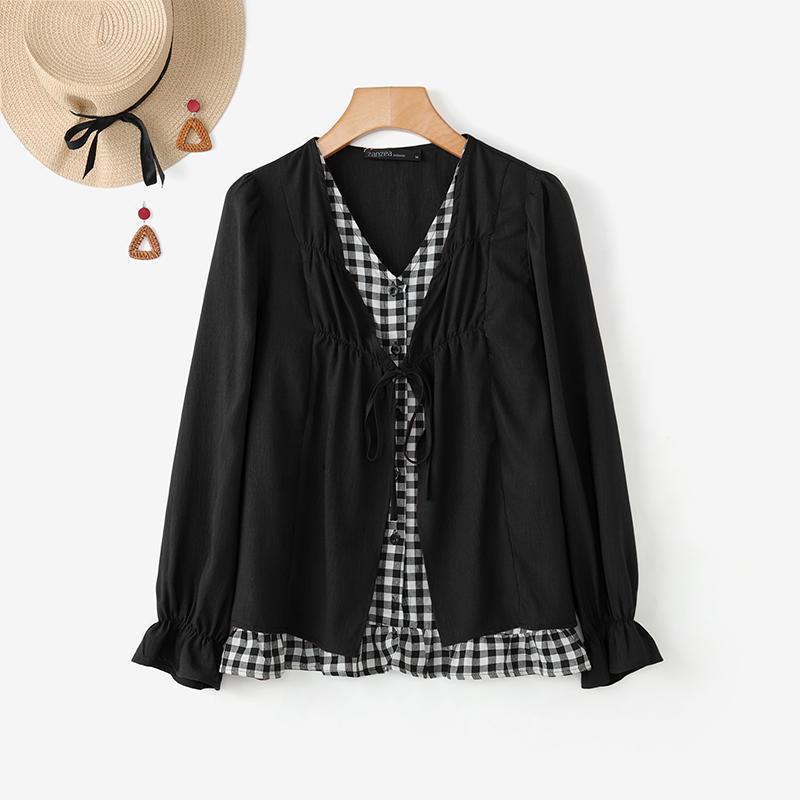 

ZANZEA Women Casual V-Neck Stripe Patchwork Loose Long Sleeve Blouse XL чорний
