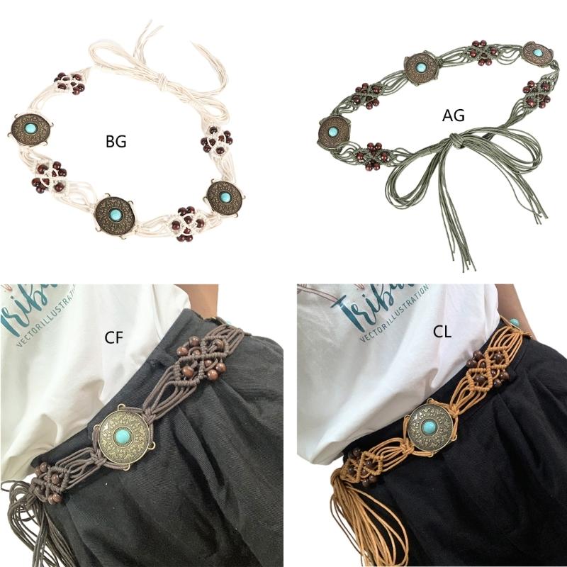 Women Shirt Waist Belt Vintage Bohemian Adjustable Braided Waist Belt with Tassels Women Dress Shirt Wide Waist Belt