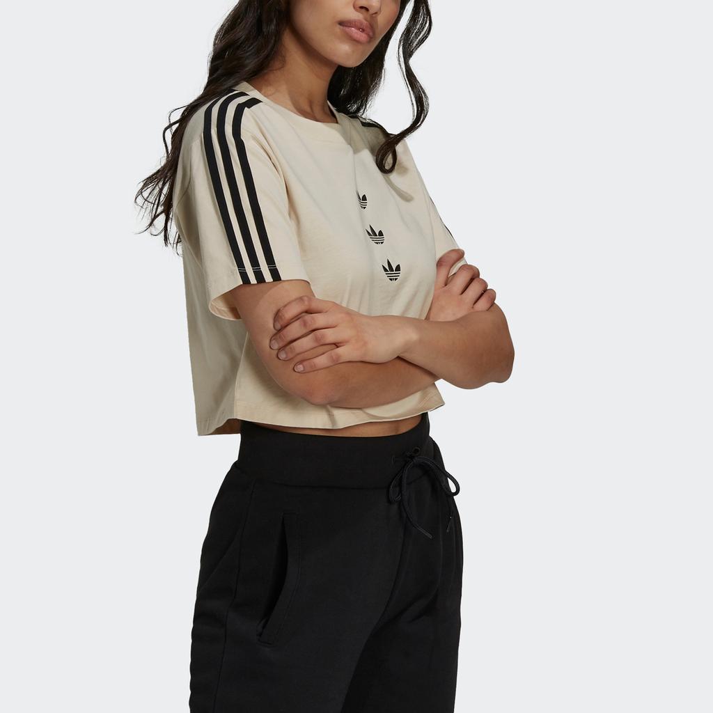 Adidas Originals Crop Tee Hot Girl Series Logo Print Striped Sports Short Sleeve T-Shirt Women Tops Off-White GU2808