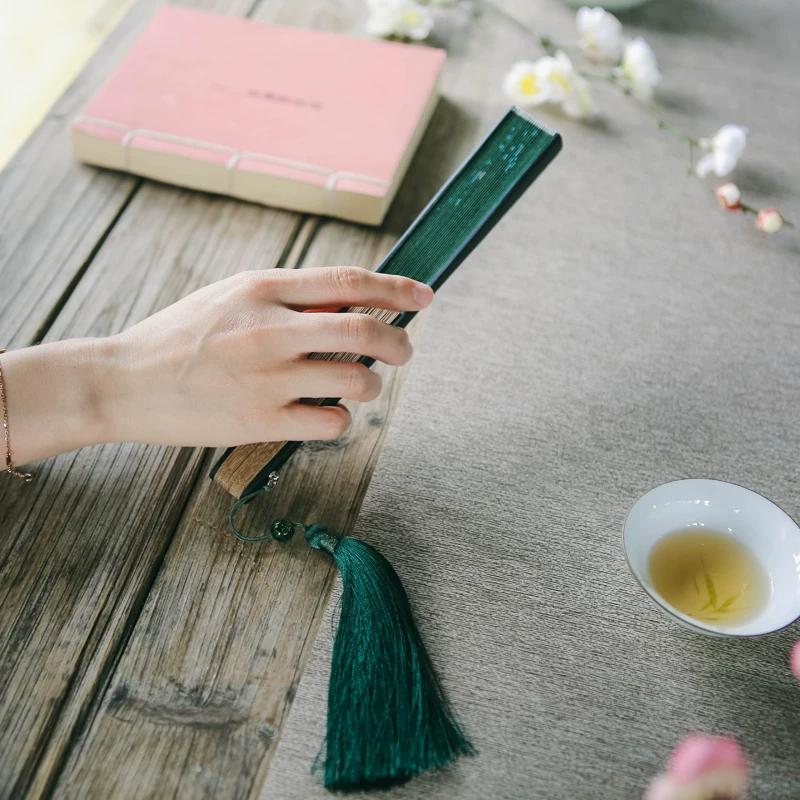 Moganshan Vintage New Chinese-Style Bamboo Leaf Fan, Summer Firefly Ancient Style Cotton Fan, Portable Folding Fan To Match Hanfu