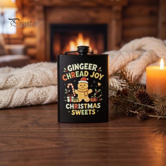 Festive Patterned Drinking Cup Beer Barrel Flask, 8oz Stainless Steel Oil Drum Shaped Flask with Small Gift for Christmas Prints Outdoor Camping Party