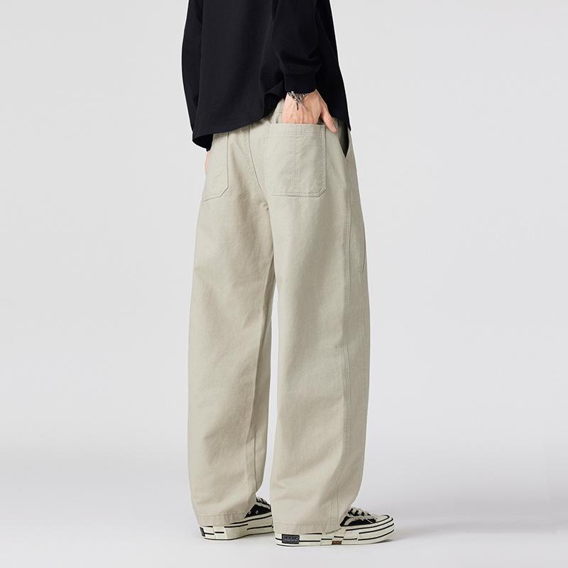 Autumn and winter apricot high-end pure cotton casual pants men's trend loose straight splicing sports pants men's versatile and breathable