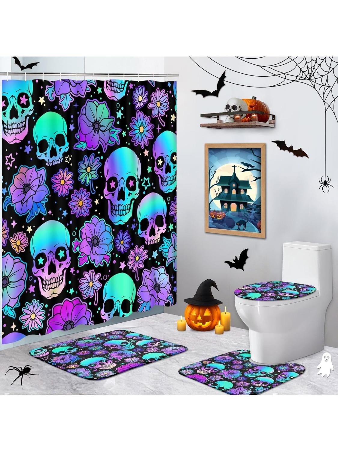 

Halloween Skull Flower Shower Curtain Sets With Rugs Purple Neon Funny Horror Bathroom Set With Non-Slip Rug,Toilet Lid Cover, W60H190(CM)-1 Pcs