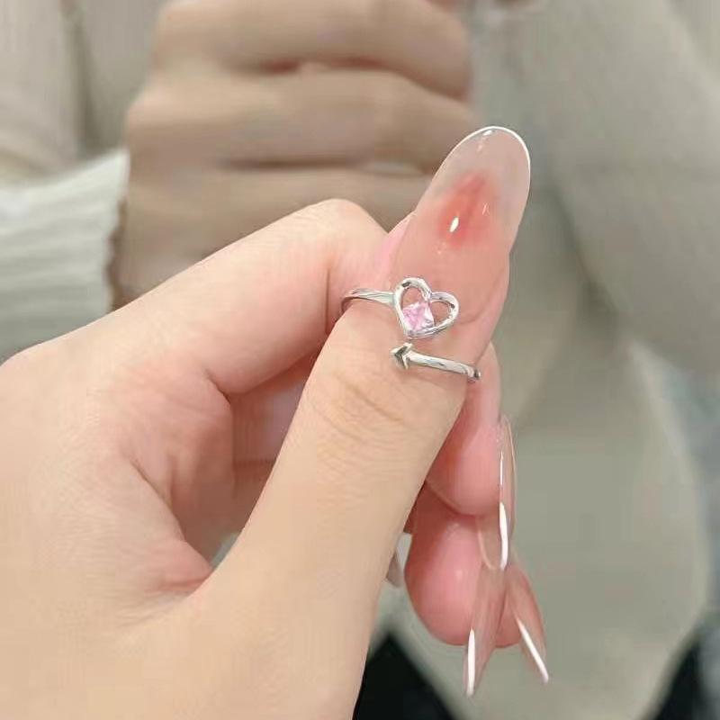 Shiny Pink  Heart Opening Couple Rings Vintage  Adjustable Finger Ring For Women Lover Jewelry Gift