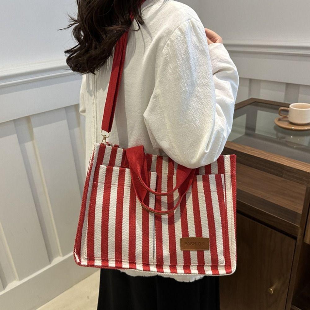 Simple Shoulder Bag Large Capacity Cloth Handbag Temperament Stripe Canvas Tote Bag  Girls
