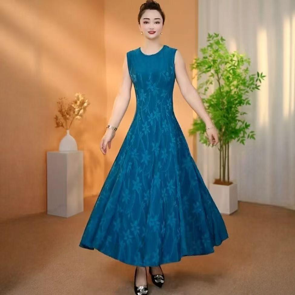 

2026 Summer Plus Size Long Sleeve Knee-Length Dress for Middle-Aged and Elderly Women XL (recommended 42.5-52.5kg) синий