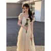 French square collar sweet and gentle fairy style dress women's summer new women's clothing waist thin medium and long skirt